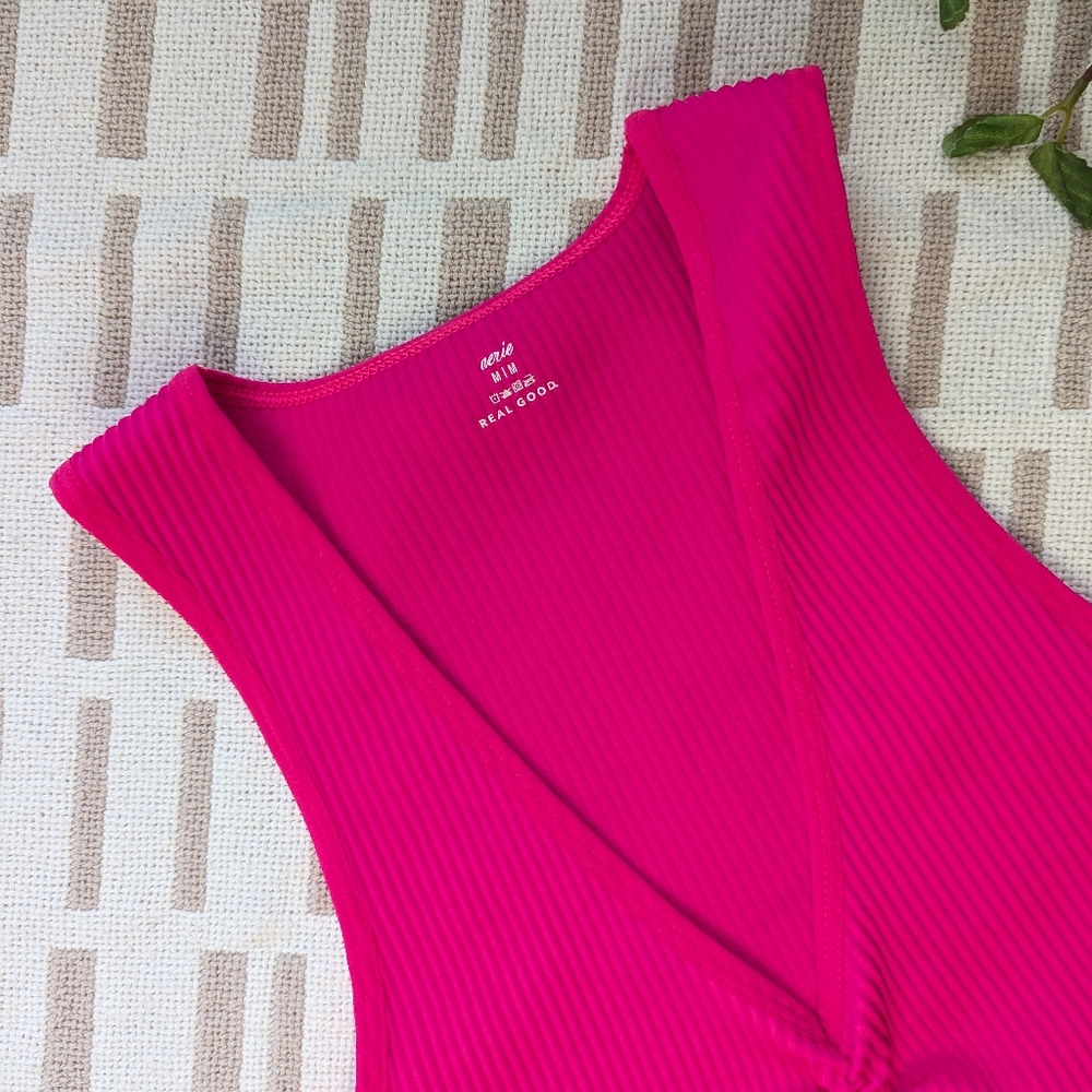 aerie | Ribbed Plunge Ruched Top | Hot Pink - Picture 3 of 5